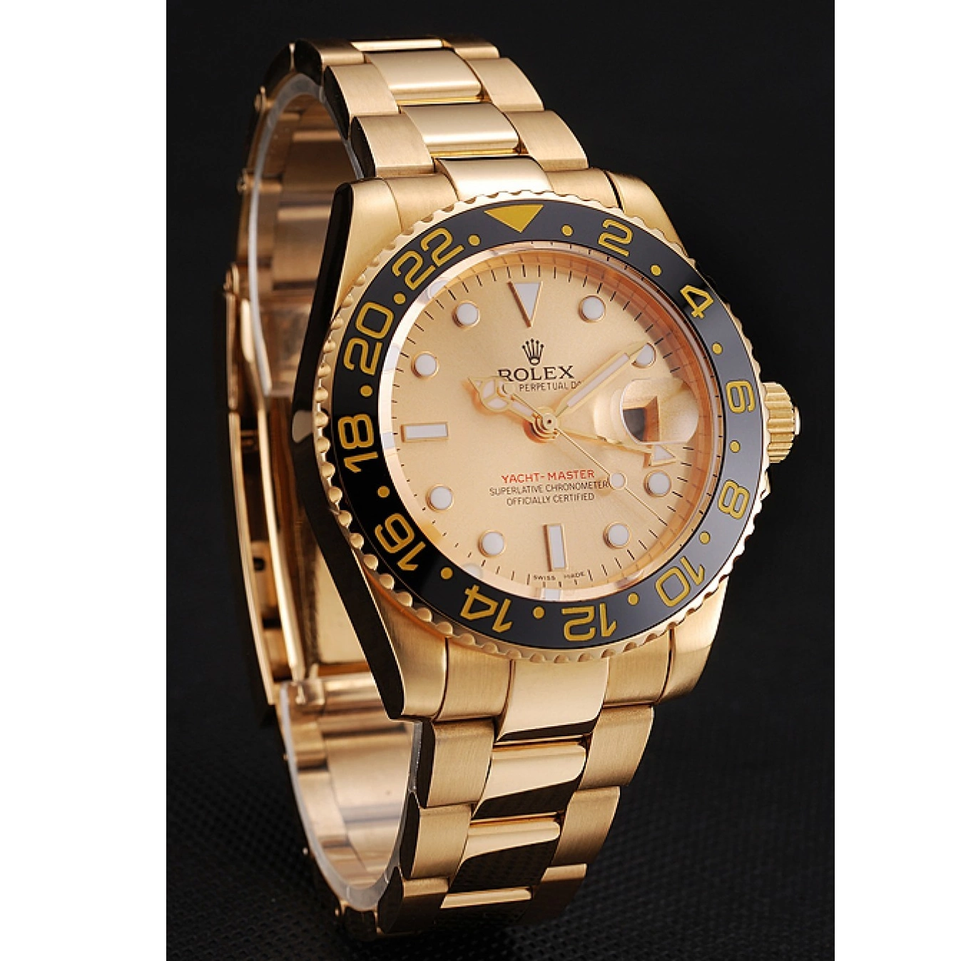 Aaa replica watch Bracelet Gold II Black Bezel Swiss 1453749 GMT Case Dial Rolex Gold And Master 0725